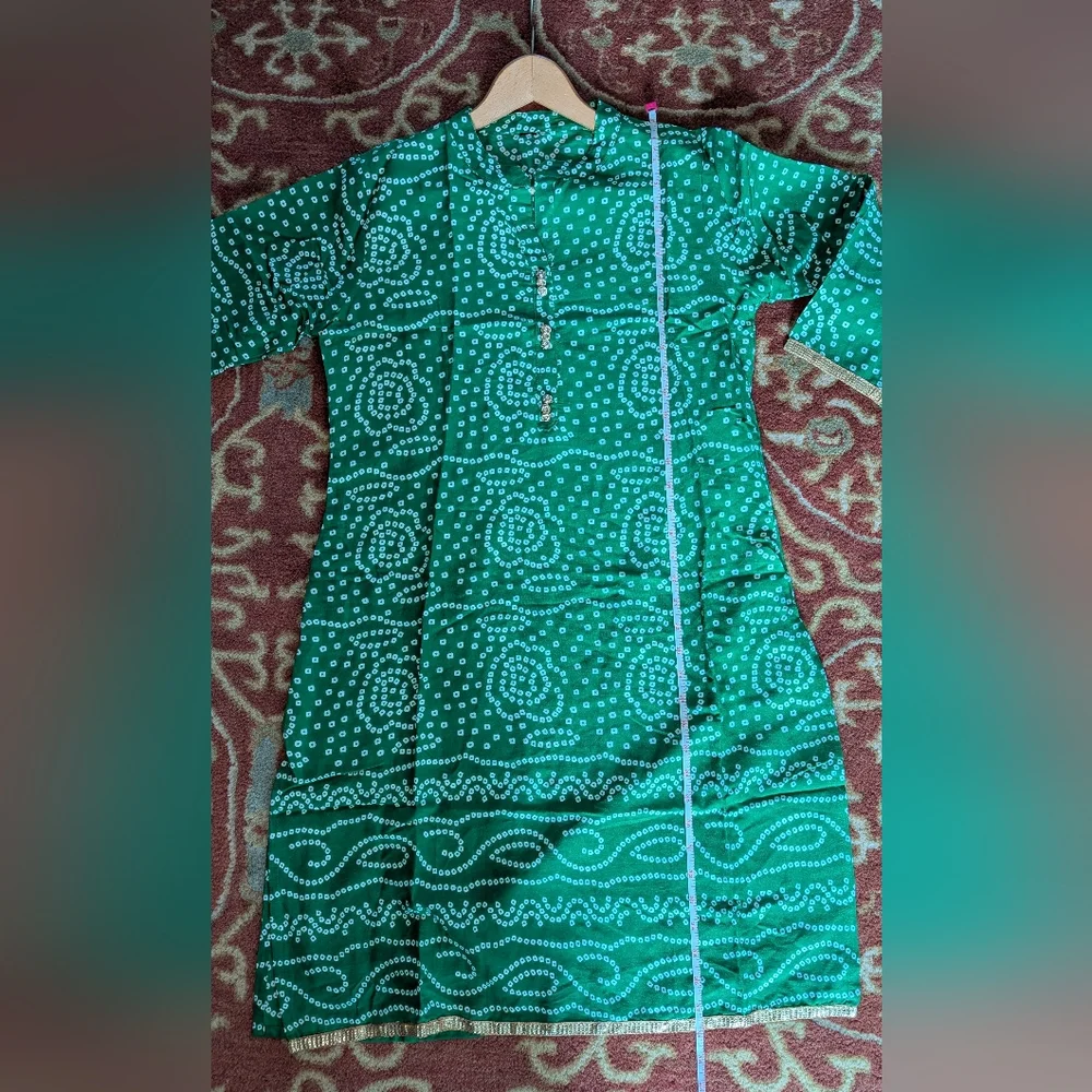 💚 New Grass Green White Gold Trim Kurta Dress M Tunic Party - Picture 10 of 16